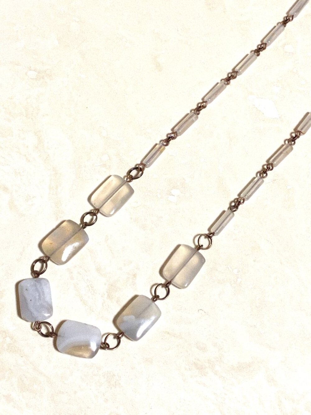 Geometric Pale Agate Necklace, Rustic Genuine Gemstone Copper Link Necklace